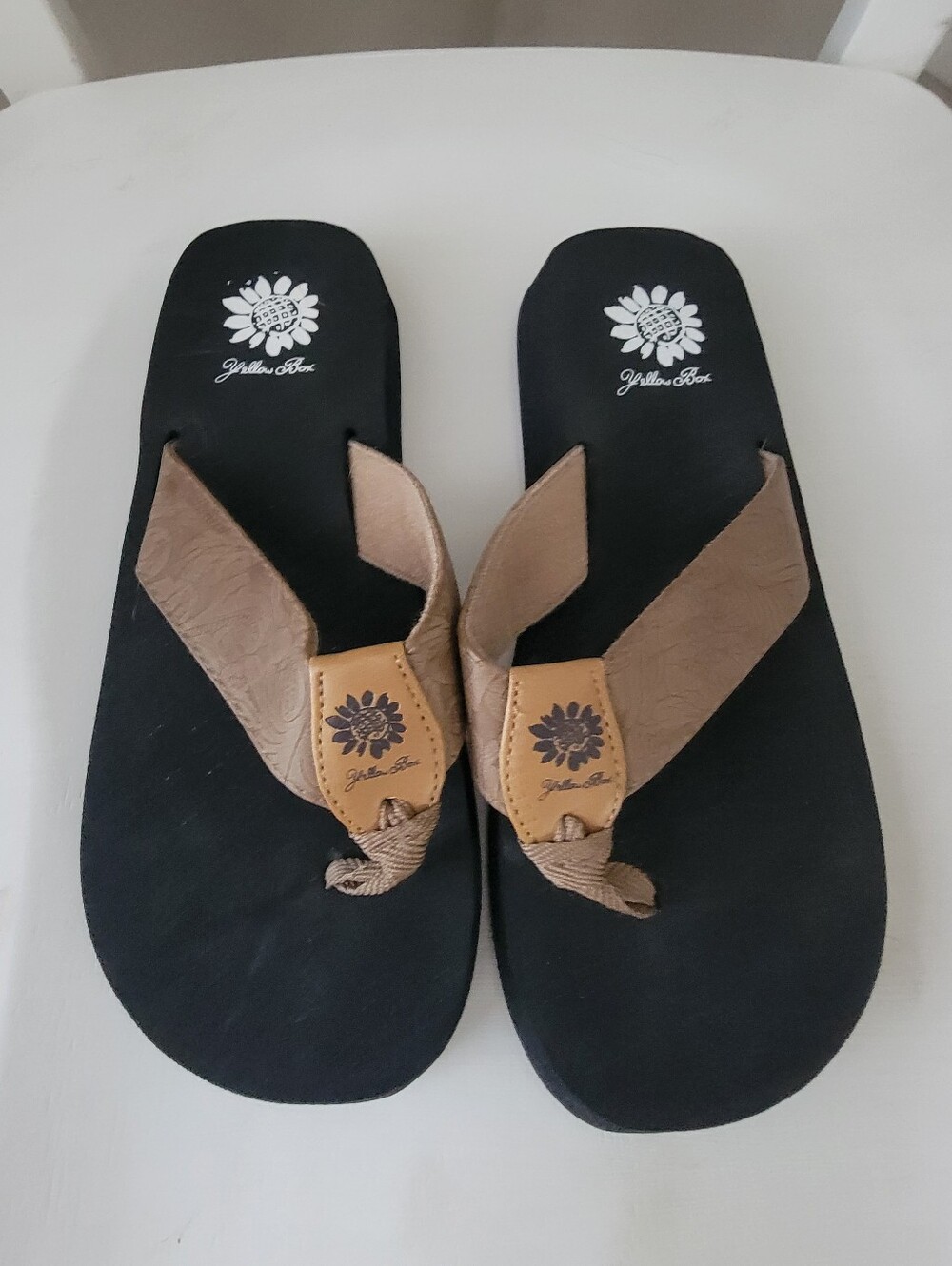 Yellow Box Black Footbed Brown Strap Flip Flops